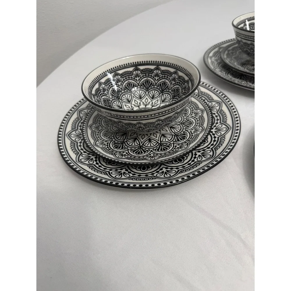 Royal Norfolk Black White Mandala Dinnerware Set Plates Bowls 11 Piece Ceramic